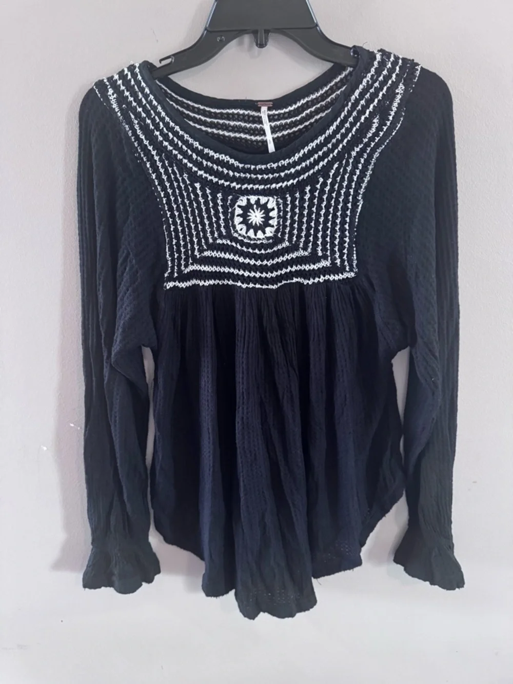 Free People Black Embroidered Boho Top Crochet Yoke Babydoll Small